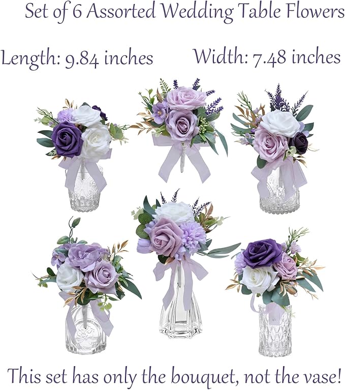 Marriwise Set of 6 Purple Assorted Wedding Flower Centerpieces Pre-Made Mini Bridesmaid Bouquets Artificial Floral Lavender Table Decor for Wedding Decorations Shower Home Decor (Purple)