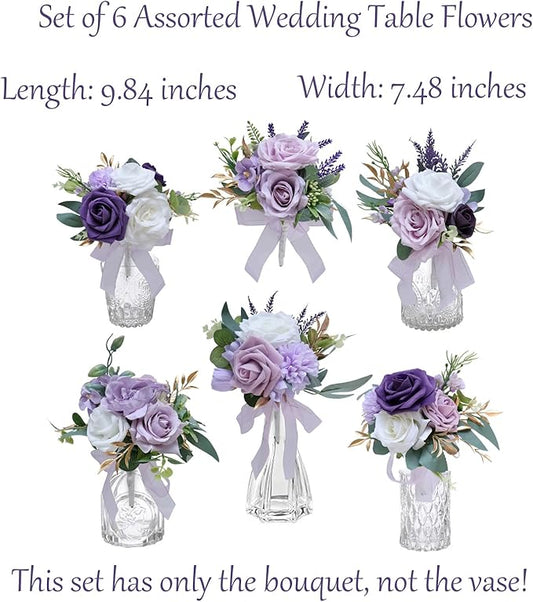 Marriwise Set of 6 Purple Assorted Wedding Flower Centerpieces Pre-Made Mini Bridesmaid Bouquets Artificial Floral Lavender Table Decor for Wedding Decorations Shower Home Decor (Purple)