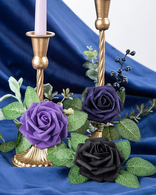 DuHouse 25Pcs Artificial Roses Flowers Fake Roses with Stems Real Touch Foam Flowers for DIY Wedding Bouquet Baby Shower Centerpiece Halloween Floral Arrangement Party Home Decor(Black)