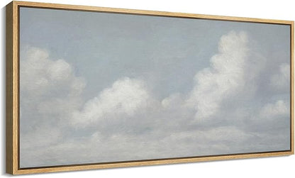 SIGNFORD Extra Large Framed Canvas Print Wall Art Blue Sky with Fluffy Clouds Tranquil Minimal Sky Scene Illustrations Modern Art Relax/Calm Warm for Living Room, Bedroom, Office - 60"x30"