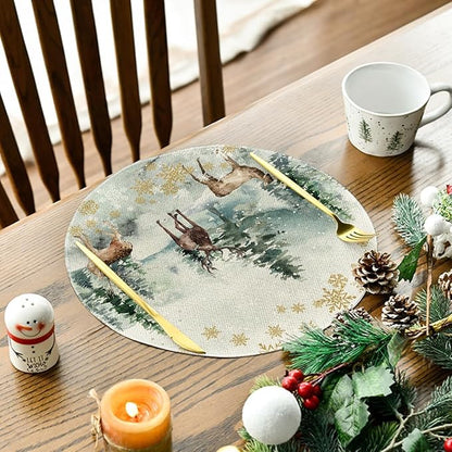 Artoid Mode Watercolor Deer Trees Snowflakes Christmas Round Placemats Set of 6, 14 Inch Winter Round Table Mats for Dining Decoration