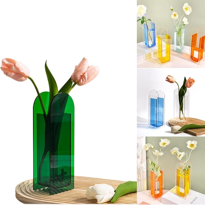 Acrylic Vase for Home Decor, Full-Transparent Pine Green Arch Centerpiece Vase, Modern Decorative Acrylic Flower Vase for Table Décor, Minimalist Wedding or Party Display (Green)