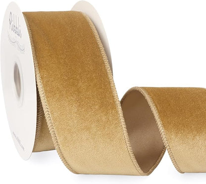 Ribbli Champagne Velvet Wired Ribbon 2.5 Inch Velvet with Satin Christmas Ribbon for Gift Wrapping Christmas Tree Decoration Crafts Wreaths Supplies-Continuous 10 Yards