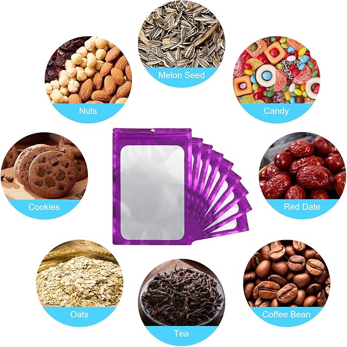 400 Pack 4 Size Bags with Clear Window,Scratch Resistant Hand Holographic Packaging Pouch,Resealable Bag for Small Bussiness Cookies Jewelry Candy Sample (Purple, 2.4×3.9,3x4.7,4×7,5.5×7.9 inch)