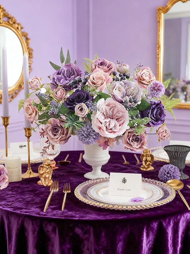 Artificial Flowers Combo Box Set Purple Fake Roses Silk Flowers with Stems for DIY Wedding Bridal Bouquets,Floral Arrangement,Table Centerpieces,Baby Shower,Home Decorations