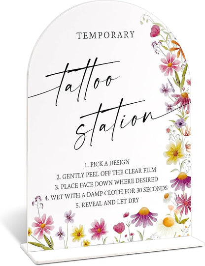 Temporary Tattoo Station Sign for Wedding Table Decor, Wild Flower Arch Acrylic Wedding Signs for Reception, Floral Bridal Shower Engagement Party Decorations for Love Is In Bloom