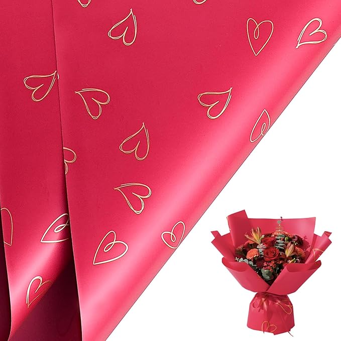 LeZakaa 20 Sheets Valentine Flower Wrapping Paper, Red with Gold Heart Pattern Waterproof Floral Bouquet Paper, for Christmas, Valentines, Mothers Day, Party, Romantic Birthday, Wedding, Anniversary
