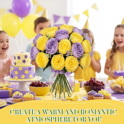 Geosar 16 Bundles Artificial Peonies Flowers Fake Silk Peony Bouquet Faux Peonies Flowers Bulk for Decoration Vase Floral Arrangements Wedding Party Table (Purple,Yellow)