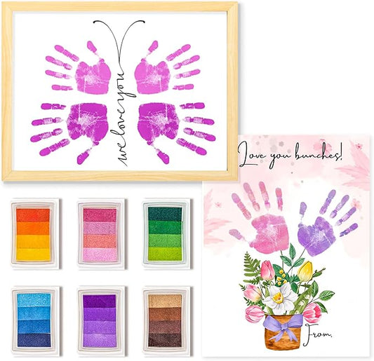 DIY Flower Bouquet Handprint Craft Kit for Grandma, Unique Gifts for Grandma, Birthday Gifts for Mom Grandma Nana Mimi, Thanksgiving (12" x 16", 2 Art Papers, Wood Frame)