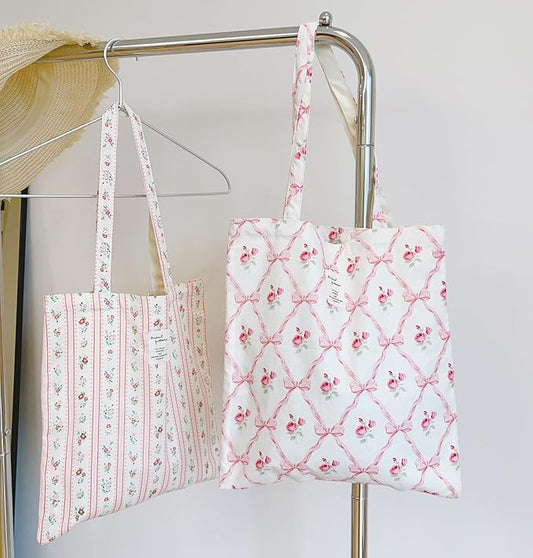 Cotton Canvas Tote Bag Reusable Soft Grocery Cloth Bag Floral Shoulder Bag for Beach Travel Shopping