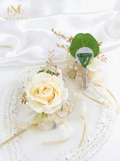 Meldel Champagne Corsage and Boutonniere Set,Boutonniere for Men,Groomsmen and Groom Boutonniere for Wedding,Rose Wrist Corsages Bracelets for Mother of Bride,Bridesmaids,Girls,Women,Prom,Homecoming