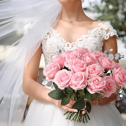 Nubry 24pcs Artificial Silk Roses Bulk,Fake Roses Flower with Stems Realistic Flowers for Wedding Centerpiece Home Party Decor(Pink)