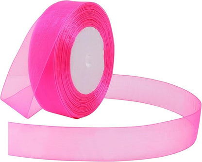 Hot Pink Ribbon for Gift Wrapping 1 inch Sheer Organza Ribbon for Flower Bouquet Tulle Thin Chiffon Ribbons for Wedding Invitations Presents Decorations Crafts 50 Yards