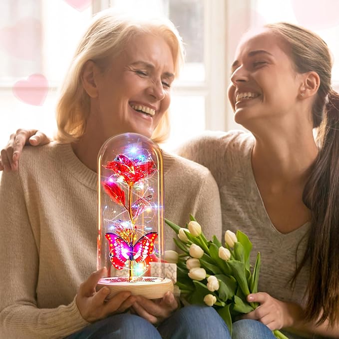 Beferr Christmas Rose Gifts for Women Mom Birthday Gifts, Galaxy Glass Rose Forever Preserved Flowers for Delivery Prime Light Up Rose in Glass Dome with Butterfly Xmas Gifts for Grandma Her Wife, Red