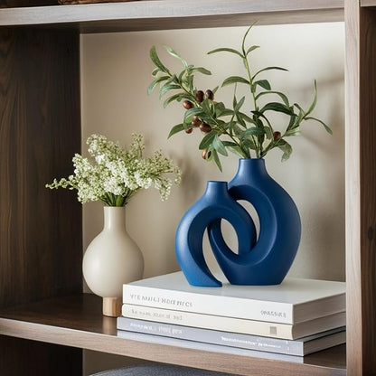 Snuggle Hollow Ceramic Vase Set of 2, 8.4 Inch Hug Donut Modern Nordic Boho Style Vases for Home Decor Anthropologie Aesthetic Living Room Shelf Coffee Table Decorative (Navy Blue)