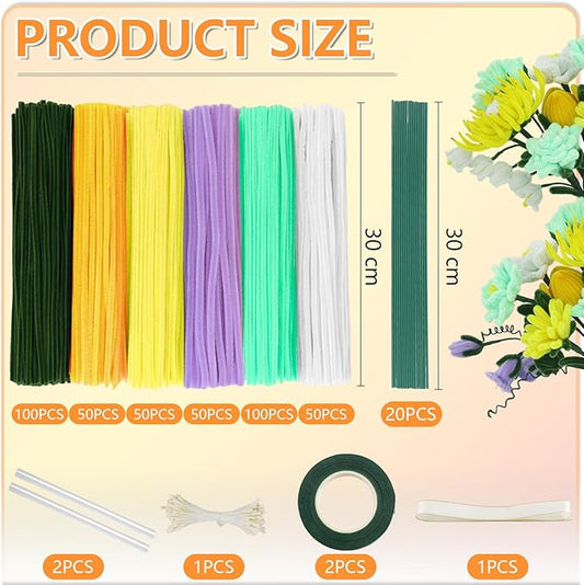 400 Pcs Pipe Cleaners Craft,6 Assorted Colors Pipe Cleaners Bulk, Chenille Stems for DIY Flower Making Kit with Floral Wires, Gardening Tape,Stamen& Ribbon (Yellow)