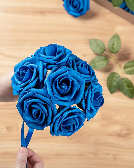 DuHouse 25Pcs Artificial Roses Flowers Fake Roses with Stems Real Touch Foam Flowers for DIY Wedding Bouquet Baby Shower Centerpiece Floral Arrangement Party Home Decor(Royal Blue)