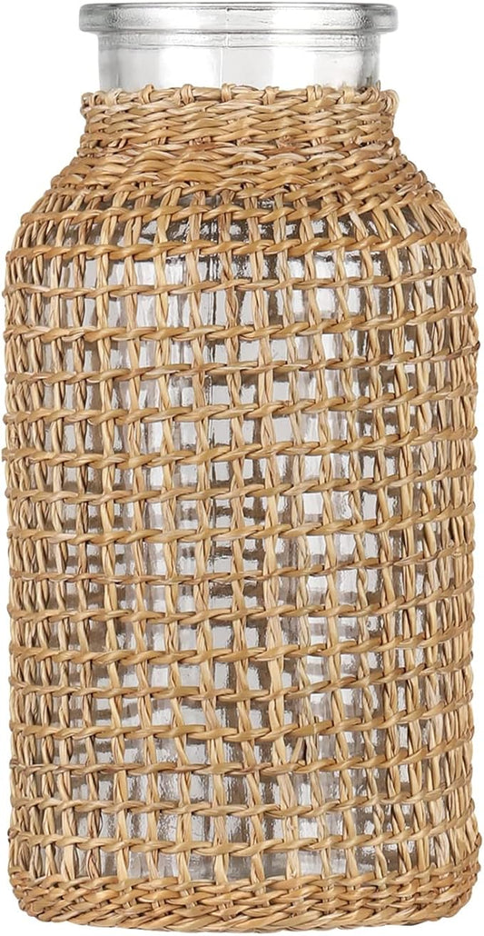 WHJY Boho Glass Vase, Rattan Vase, Farmhouse Rattan Décor, Round Flower Vase Basket Vase for Floral Arrangements -6.3 inch