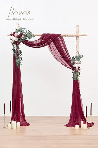 Floroom Arch Flowers with Drapes Kit (Pack of 4) - 2pcs Artificial Burgundy Floral Swag Arrangement with 2pcs Draping Fabric for Wedding Ceremony Arbor and Reception Backdrop Decoration