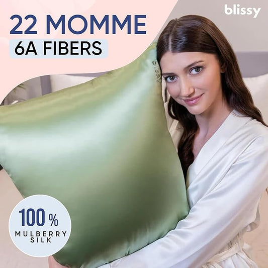 Blissy Silk Pillowcase - 100% Pure Mulberry Silk - 22 Momme 6A High-Grade Fibers - Silk Pillow Cover for Hair & Skin - Regular, Queen & King (Olive, Queen)
