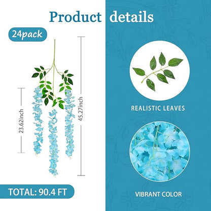 24 Pack Lake Blue Wisteria Hanging Flowers Garland, 3.77 Feet Artificial Flower Vines, Fake Wisteria, Artificial Vines Hanging Garland for Backdrop Outdoor Yard Garden Decor