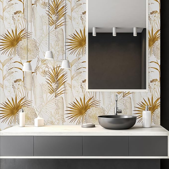 Gold/White Chrysanthemum Floral Peel and Stick Wallpaper - Tropical Palm Leaf Vintage Floral Contact Paper - Removable Wallpaper Vinyl Self Adhesive for Living Room Bedroom Shelf - 236.2"x17.71"
