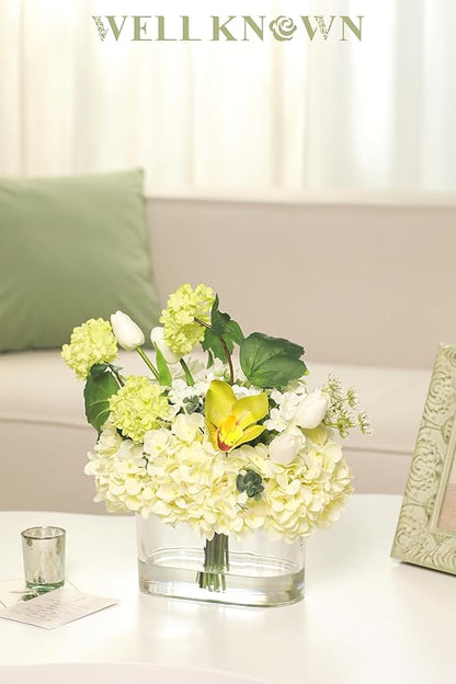 Fake Hydrangea Tulip Flowers in Vase, Artificial Flowers in Vase, Silk Hydrangea Tulip Flowers Dining Table Centerpiece Decorations for Living Room Birthday Wedding Party Decoration & Gift (Green)