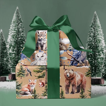 WRAPAHOLIC Kraft Christmas Wrapping Paper Roll - Mini Roll - 3 Rolls - 17 Inch x 120 Inch Per Roll - Wild Animals Winterfall Watercolor Holiday Collection