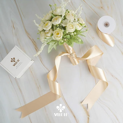 MEEDEE Champagne Satin Ribbon 2 Inch Champagne Ribbon Lux Double Faced Ribbons by 25 Yards Silk Satin Ribbons for Gift Wrapping, Wedding, Flower Bouquet, Holiday Decorating