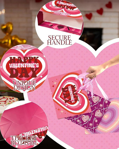qiqee Valentine 5PCS Wide Gift Bag with Tissue Paper Assorted Size Present Wrap Bags For Lover (3 PCS Medium Size+2 PCS Large Size)