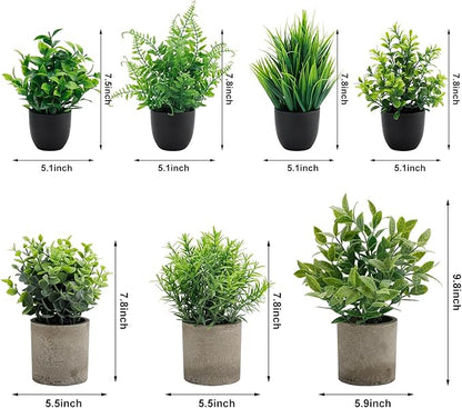 Artificial Potted Plants Faux Greenery in Cement Pots for Shelf, Bookshelf, Office or Home Decor, Small Decorative Fake Plants for Modern Indoor Display (7, XXL)