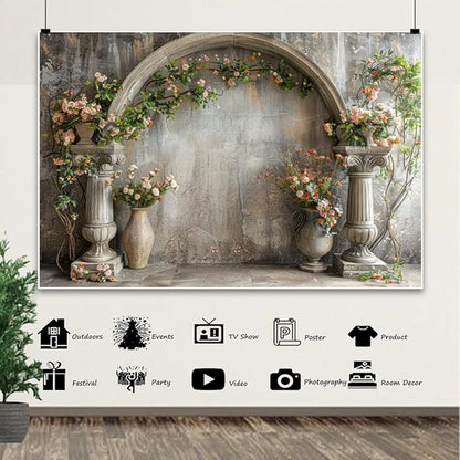 7x5ft Vintage Flower Backdrop Pink Boho Floral Wedding Wall Retro European Arch Green Grass Nature Photography Background Princess Birthday Bridal Shower Anniversary Valentines Day Decor
