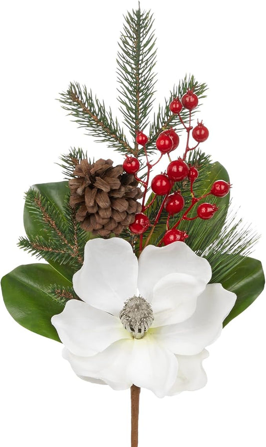 Briful White Magnolia Christmas Flower Branches, 2 Pack 18.9in Artificial Magnolia Floral Picks and Spray with Pinecones Berries for Xmas Tree Vase Arrangements Decor