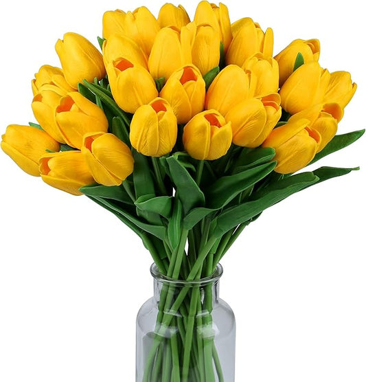 SITUMEIZI 15pcs Yellow Tulips Fake Artificial Flowers Real Touch 14" Silk Flower for Home Kitchen Decor Spring Easter Wedding Bouquet Decorations Office Floral Arrangements