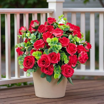 40 Heads Artificial Roses Flowers for Outdoors,4 Bunches Fake Silk Red Rose Plastic Flower UV-Resistant Faux Floral Bouquet Arrangements for Outdoor Vase Planters Garden Outside Decoration