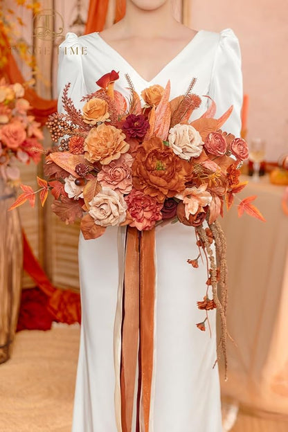 TINGE TIME 13 inch Maple Red Wedding Bouquets for Bride, Bridal Bouquet for Bride, Artificial Silk Rose for Graduation Bouquet, Fake Flowers for Fall Wedding Ceremony and Anniversary