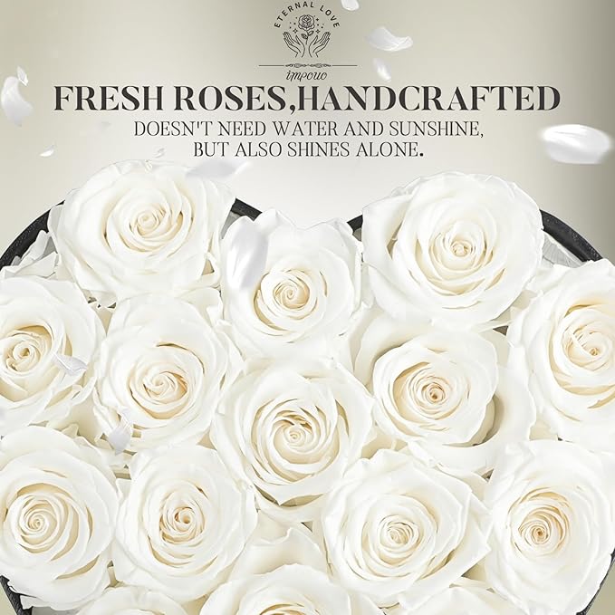 16-Piece Forever Flowers Heart Shape Box - Preserved Roses, Birthday Gifts for Women- Flower Delivery Prime, Valentines, Anniversary, Wedding Gifts- White Roses