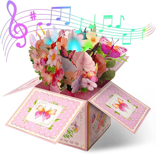 3D Pop Up Birthday Cards with Music, LED Light Musical Happy Birthday Gift Box for Women, Flowers and Butterflies Handmade Foldable Flower Box with Envelope for Mom Wife Daughter Sister