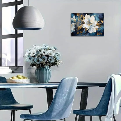 Asunygirl Flowers Wall Art Vintage Blue White Floral Canvas Pictures Abstract Botanical Modern Gold Blue Print Boho Wall Art Canvas Paintings Artwork for Bedroom Living Room Wall Decor 12x16 inch