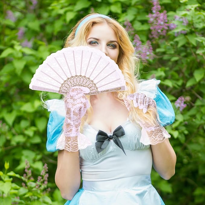 Princess Lace Parasol Folding Gothic Lolita Umbrella Lace Parasol Gloves Fan Set Flower Printed Lining for Cute UV Sun Protection Umbrella for Christmas Wedding Cosplay Photoshoot Decoration
