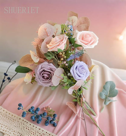 Purple Artificial Roses 25pcs, Real Looking Fake Foam Flowers with Stems for DIY Wedding Bouquets, Centerpieces, Bridal Shower, Party, Valentine's Day Decoration