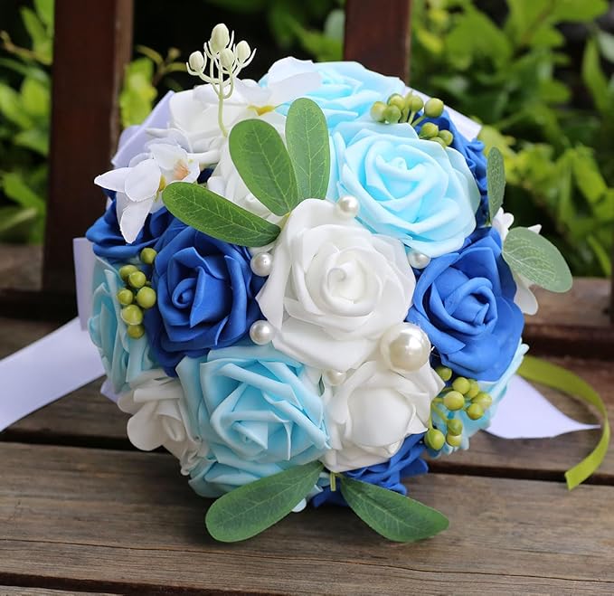 Lightweight Bridal Wedding Bouquet Round Holding Bouquet Throw Toss Artificial Rose Flower Bunch for Bride Bridesmaid Wedding Quinceanera (White, Royal Blue & Light Blue, 9.1")