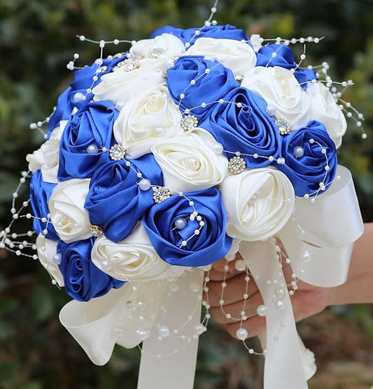 Bridal Wedding Bouquet Round Bling Brooch Bouquet Throw Toss Artificial Rose Flower Bunch for Bride Bridesmaid Wedding Quinceanera(Royal Blue & Ivory, 8.7")
