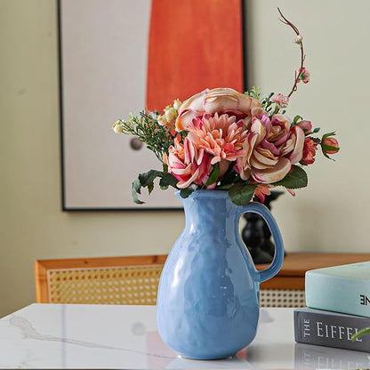 Blue Ceramic Vase with Handle, Pitcher Vases for Modern Farmhouse Home Decor, Small Pottery Flower Jug for Living Room Bedroom Kitchen Office Shelf Decor Centerpiece Table Decoration