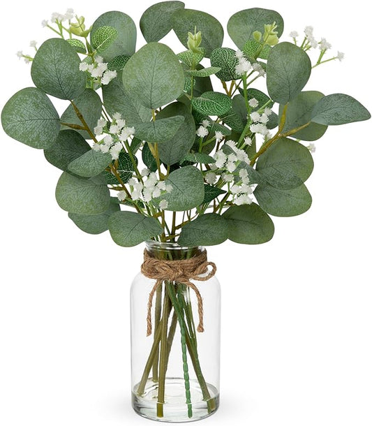 Briful Artificial Eucalyptus Stems with Baby Breath Flowers in Glass Vase with Faux Water, 14" Fake Plant Eucalyptus Leaves for Home Farmhouse Wedding Centerpiece Bathroom Décor