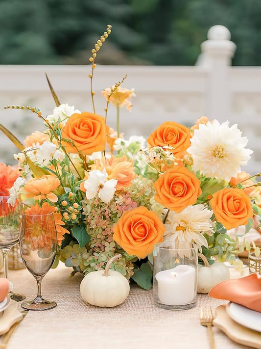 MACTING Artificial Rose Flowers 30PCS Real Touch Fake Flowers with Stem Faux Foam Roses for DIY Wedding Bouquet Table Centerpieces Party Bridal Shower Home Spring Valentines Day Decorations,Orange