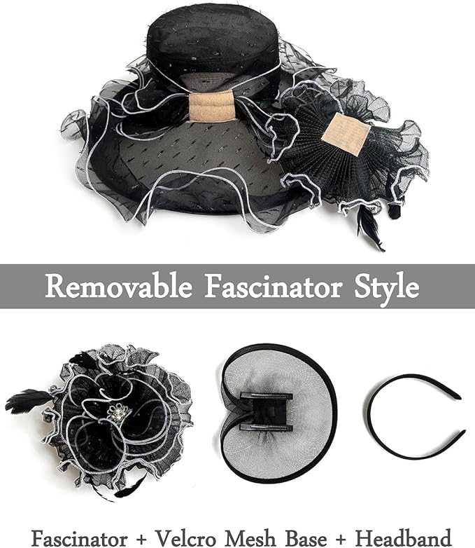 Organza Derby Hats for Women Wide Brim Fascinator Hat Rose Flower Wedding Tea Party Hat