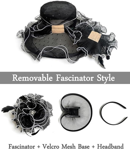 Organza Derby Hats for Women Wide Brim Fascinator Hat Rose Flower Wedding Tea Party Hat