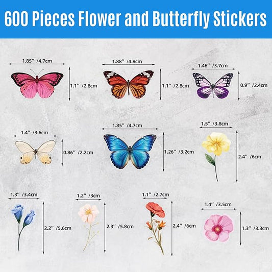 600Pcs Natural Flower +Butterfly Stickers,Self-Adhesive PVC Vintage Butterfly Stickers for Scrapbook,Laptop,Journal,DIY Project