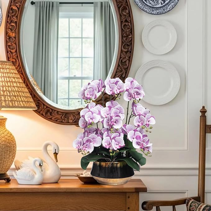 CXGS Orchids Artificial Flower Real Touch Faux Orchid in Large Ceramic Vase Realistic Fake Phalaenopsis Floral Arrangements Centerpiece Table Home Indoor Decor